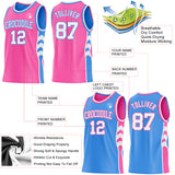 Custom Pink White-Powder Blue Side Panel Geometric Chevron Reversible Double Side Sublimation Basketball Set Jersey