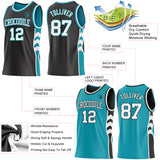 Custom Black White-Teal Side Panel Geometric Chevron Reversible Double Side Sublimation Basketball Set Jersey