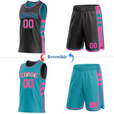 Custom Black Pink-Teal Side Panel Geometric Chevron Reversible Double Side Sublimation Basketball Set Jersey