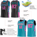 Custom Black Pink-Teal Side Panel Geometric Chevron Reversible Double Side Sublimation Basketball Set Jersey