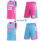 Custom Pink White-Sky Blue Side Panel Geometric Chevron Reversible Double Side Sublimation Basketball Set Jersey