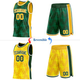 Custom Green Gold-White Side Panel Stripe Sun Flame Reversible Double Side Sublimation Basketball Set Jersey