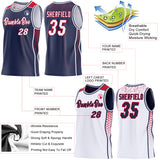 Custom Navy White-Red Side Panel Stripe Geometric Triangle Gradient Dot Reversible Double Side Sublimation Basketball Set Jersey