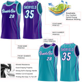 Custom Purple White-Teal Side Panel Stripe Geometric Triangle Gradient Dot Reversible Double Side Sublimation Basketball Set Jersey