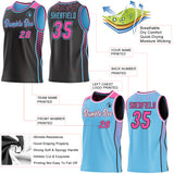 Custom Black Pink-Sky Blue Side Panel Stripe Geometric Triangle Gradient Dot Reversible Double Side Sublimation Basketball Set Jersey