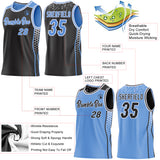 Custom Black Light Blue-White Side Panel Stripe Geometric Triangle Gradient Dot Reversible Double Side Sublimation Basketball Set Jersey