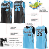 Custom Black Sky Blue-White Side Panel Stripe Geometric Triangle Gradient Dot Reversible Double Side Sublimation Basketball Set Jersey