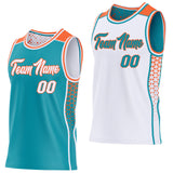 Custom Teal White-Orange Side Panel Stripe Geometric Triangle Gradient Dot Reversible Double Side Sublimation Basketball Set Jersey