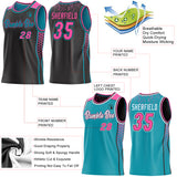 Custom Black Pink-Teal Side Panel Stripe Geometric Triangle Gradient Dot Reversible Double Side Sublimation Basketball Set Jersey