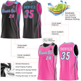 Custom Black Pink-Sky Blue Side Panel Stripe Geometric Triangle Gradient Dot Reversible Double Side Sublimation Basketball Set Jersey