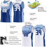 Custom White Royal-Light Blue Side Panel Stripe Geometric V-Cut Color Block Reversible Double Side Sublimation Basketball Set Jersey