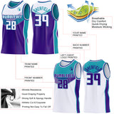 Custom White Purple-Teal Side Panel Stripe Geometric V-Cut Color Block Reversible Double Side Sublimation Basketball Set Jersey