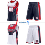 Custom White Navy-Red Side Panel Stripe Geometric V-Cut Color Block Reversible Double Side Sublimation Basketball Set Jersey