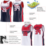 Custom White Navy-Red Side Panel Stripe Geometric V-Cut Color Block Reversible Double Side Sublimation Basketball Set Jersey
