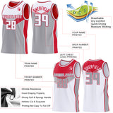 Custom White Gray-Red Side Panel Stripe Geometric V-Cut Color Block Reversible Double Side Sublimation Basketball Set Jersey