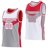 Custom White Gray-Red Side Panel Stripe Geometric V-Cut Color Block Reversible Double Side Sublimation Basketball Set Jersey