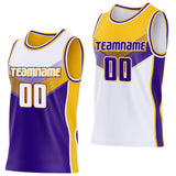 Custom White Purple-Gold Side Panel Stripe Geometric V-Cut Color Block Reversible Double Side Sublimation Basketball Set Jersey
