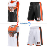 Custom White Black-Orange Side Panel Stripe Geometric V-Cut Color Block Reversible Double Side Sublimation Basketball Set Jersey