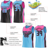 Custom Sky Blue Black-Pink Side Panel Stripe Geometric V-Cut Color Block Reversible Double Side Sublimation Basketball Set Jersey
