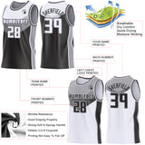 Custom White Black-Gray Side Panel Stripe Geometric V-Cut Color Block Reversible Double Side Sublimation Basketball Set Jersey