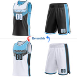 Custom White Black-Sky Blue Side Panel Stripe Geometric V-Cut Color Block Reversible Double Side Sublimation Basketball Set Jersey