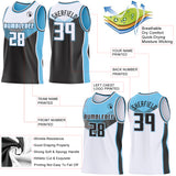 Custom White Black-Sky Blue Side Panel Stripe Geometric V-Cut Color Block Reversible Double Side Sublimation Basketball Set Jersey
