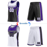 Custom White Black-Purple Side Panel Stripe Geometric V-Cut Color Block Reversible Double Side Sublimation Basketball Set Jersey
