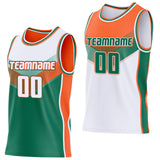 Custom White Kelly Green-Orange Side Panel Stripe Geometric V-Cut Color Block Reversible Double Side Sublimation Basketball Set Jersey
