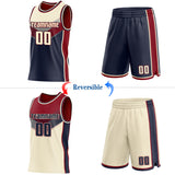 Custom Cream Navy-Maroon Side Panel Stripe Geometric V-Cut Color Block Reversible Double Side Sublimation Basketball Set Jersey