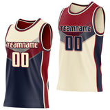 Custom Cream Navy-Maroon Side Panel Stripe Geometric V-Cut Color Block Reversible Double Side Sublimation Basketball Set Jersey