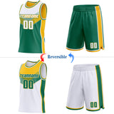 Custom White Kelly Green-Gold Side Panel Stripe Geometric V-Cut Color Block Reversible Double Side Sublimation Basketball Set Jersey