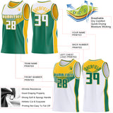 Custom White Kelly Green-Gold Side Panel Stripe Geometric V-Cut Color Block Reversible Double Side Sublimation Basketball Set Jersey