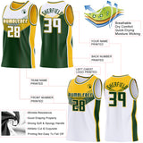 Custom White Green-Gold Side Panel Stripe Geometric V-Cut Color Block Reversible Double Side Sublimation Basketball Set Jersey