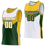 Custom White Green-Gold Side Panel Stripe Geometric V-Cut Color Block Reversible Double Side Sublimation Basketball Set Jersey