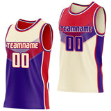 Custom Cream Purple-Red Side Panel Stripe Geometric V-Cut Color Block Reversible Double Side Sublimation Basketball Set Jersey