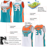 Custom White Teal-Orange Side Panel Stripe Geometric V-Cut Color Block Reversible Double Side Sublimation Basketball Set Jersey