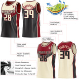 Custom Cream Black-Maroon Side Panel Stripe Geometric V-Cut Color Block Reversible Double Side Sublimation Basketball Set Jersey