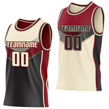 Custom Cream Black-Maroon Side Panel Stripe Geometric V-Cut Color Block Reversible Double Side Sublimation Basketball Set Jersey