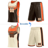 Custom Cream Brown-Orange Side Panel Stripe Geometric V-Cut Color Block Reversible Double Side Sublimation Basketball Set Jersey