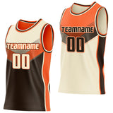 Custom Cream Brown-Orange Side Panel Stripe Geometric V-Cut Color Block Reversible Double Side Sublimation Basketball Set Jersey