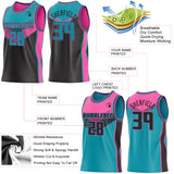 Custom Teal Black-Pink Side Panel Stripe Geometric V-Cut Color Block Reversible Double Side Sublimation Basketball Set Jersey