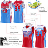 Custom Red Powder Blue-White Side Panel Stripe Geometric V-Cut Color Block Reversible Double Side Sublimation Basketball Set Jersey