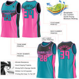 Custom Teal Pink-Black Side Panel Stripe Geometric V-Cut Color Block Reversible Double Side Sublimation Basketball Set Jersey