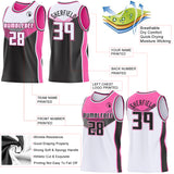 Custom White Black-Pink Side Panel Stripe Geometric V-Cut Color Block Reversible Double Side Sublimation Basketball Set Jersey