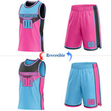 Custom Sky Blue Pink-Black Side Panel Stripe Geometric V-Cut Color Block Reversible Double Side Sublimation Basketball Set Jersey