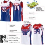 Custom White Royal-Red Side Panel Stripe Geometric V-Cut Color Block Reversible Double Side Sublimation Basketball Set Jersey