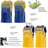 Custom Royal Gold-White Side Panel Stripe Gradient Geometric Honeycomb Reversible Double Side Sublimation Basketball Set Jersey