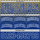 Custom Royal Gold-White Side Panel Stripe Gradient Geometric Honeycomb Reversible Double Side Sublimation Basketball Set Jersey