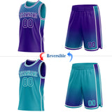 Custom Purple Teal-White Side Panel Stripe Gradient Geometric Honeycomb Reversible Double Side Sublimation Basketball Set Jersey