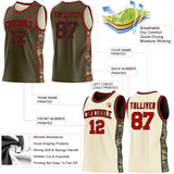 Custom Olive(Cream) Black-Red Camo Side Panel Stripe Reversible Double Side Sublimation Basketball Set Jersey